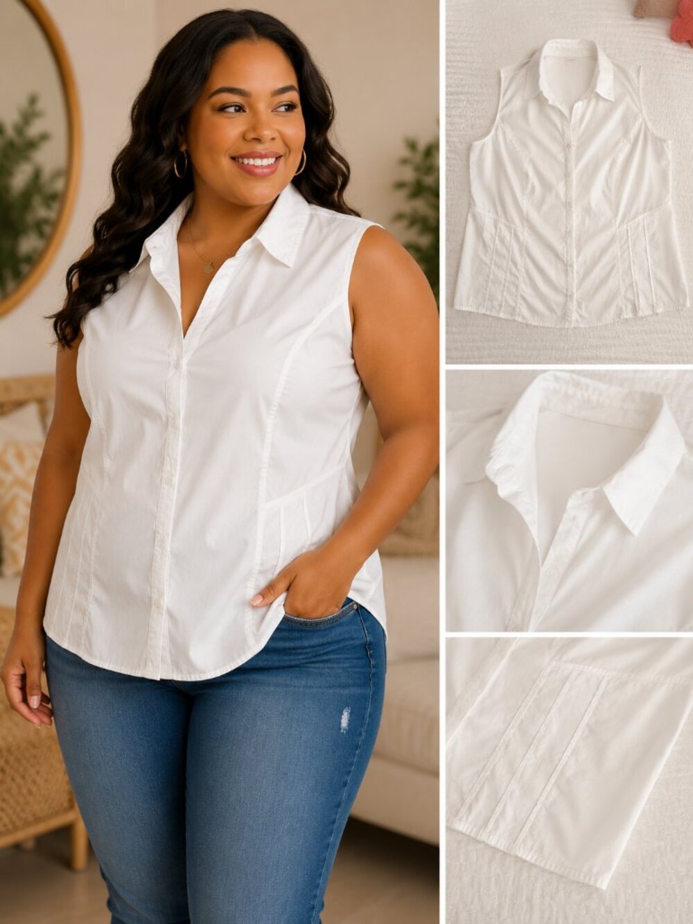 Venezia White Sleeveless Blouse | Tailored Cotton Shirt | Plus Size 26/28
